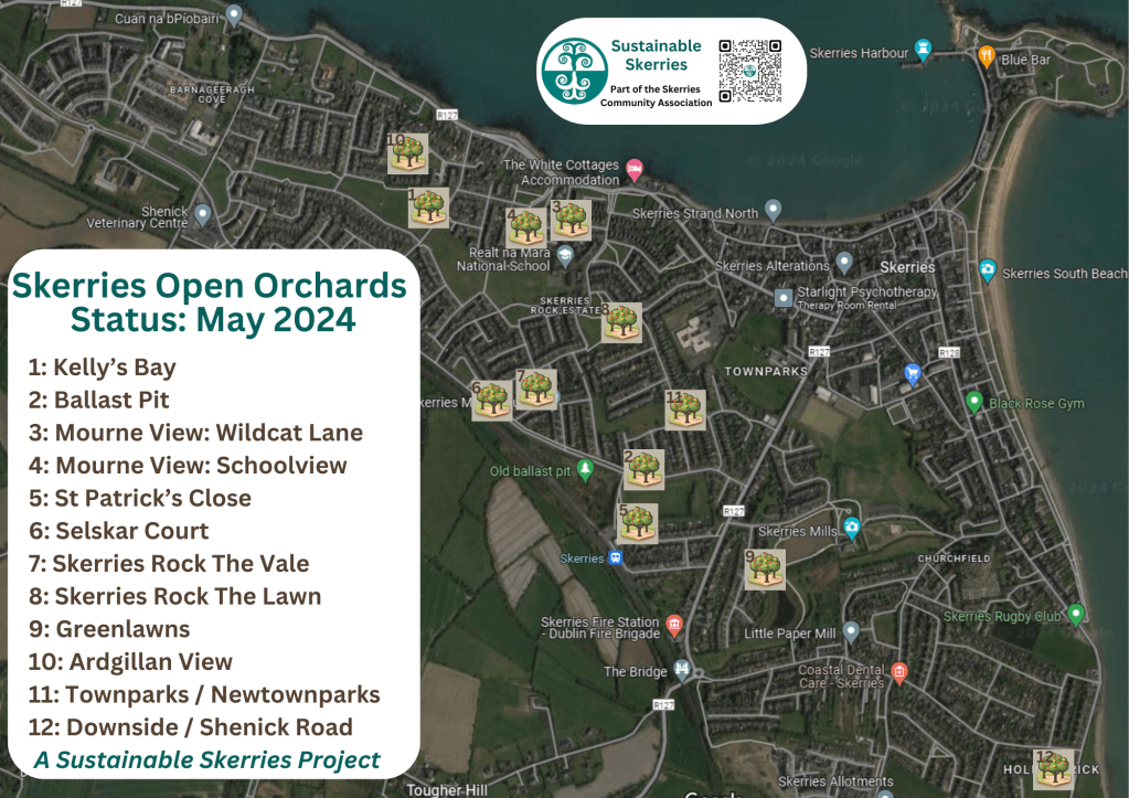 A map of the 12 open orchards existing in May 2024.
